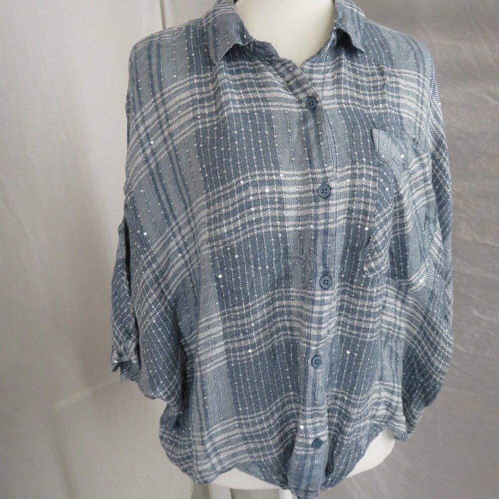 Jennifer Lopez Blue Plaid Sleeveless Button‑Front Top | L | Metallic Shimmer Tie